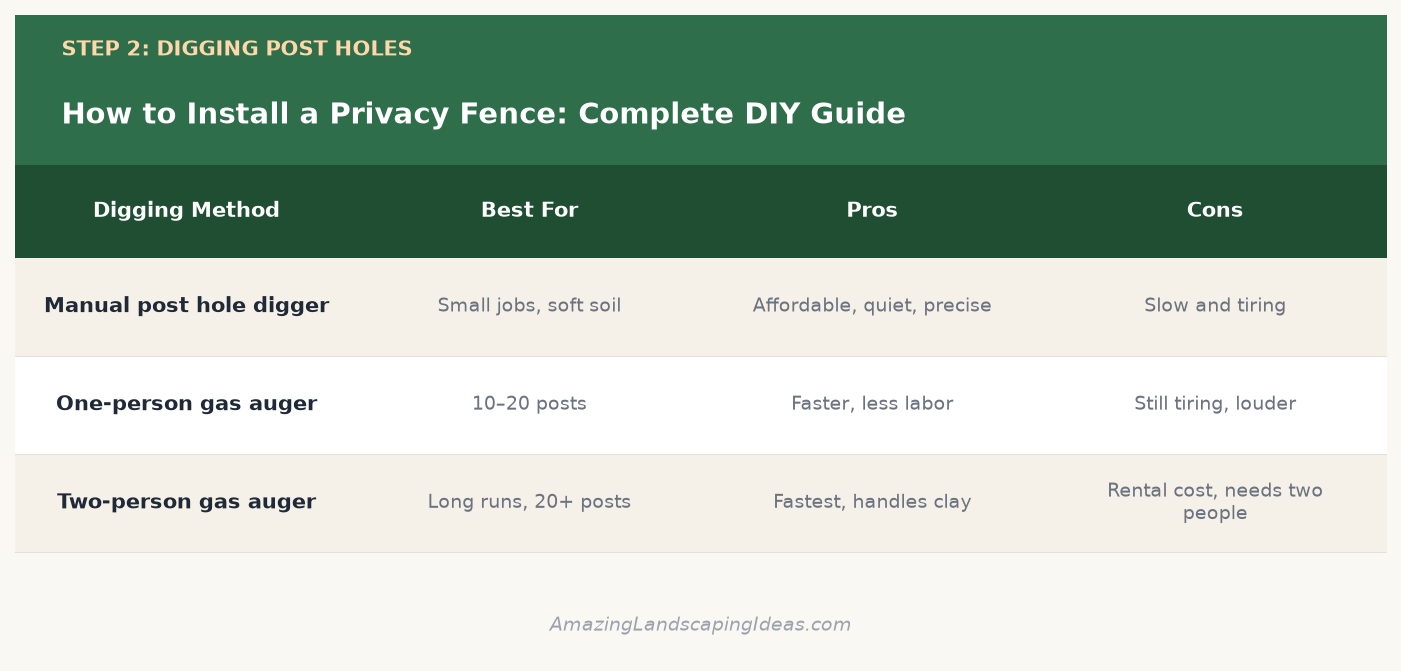 Privacy fence post hole digging methods comparison infographic: manual digger vs one-person and two-person augers