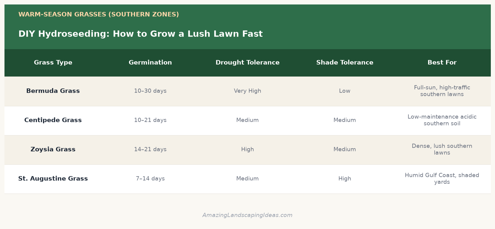 DIY hydroseeding warm-season grasses for southern zones comparison chart