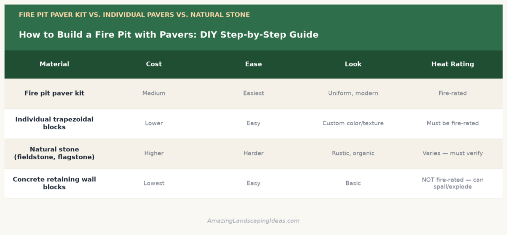 Comparison of fire pit paver kit vs. individual pavers vs. natural stone