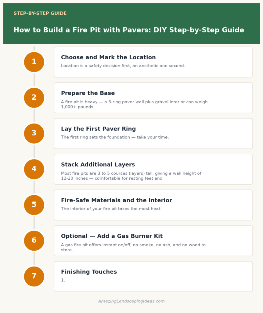 Step-by-step infographic for building a fire pit with pavers