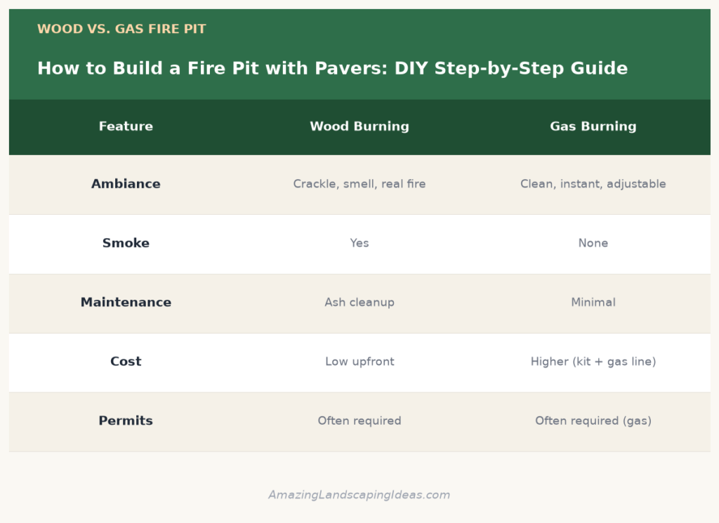 Wood vs. gas fire pit comparison for a fire pit with pavers