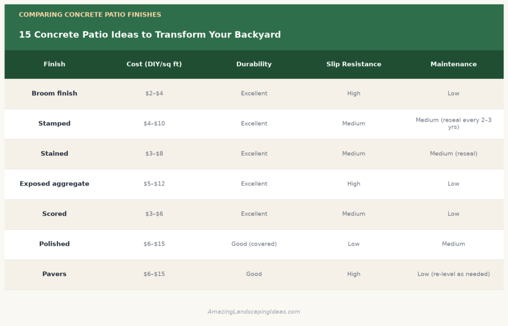 Comparison of concrete patio finishes by cost, durability, slip resistance, and maintenance