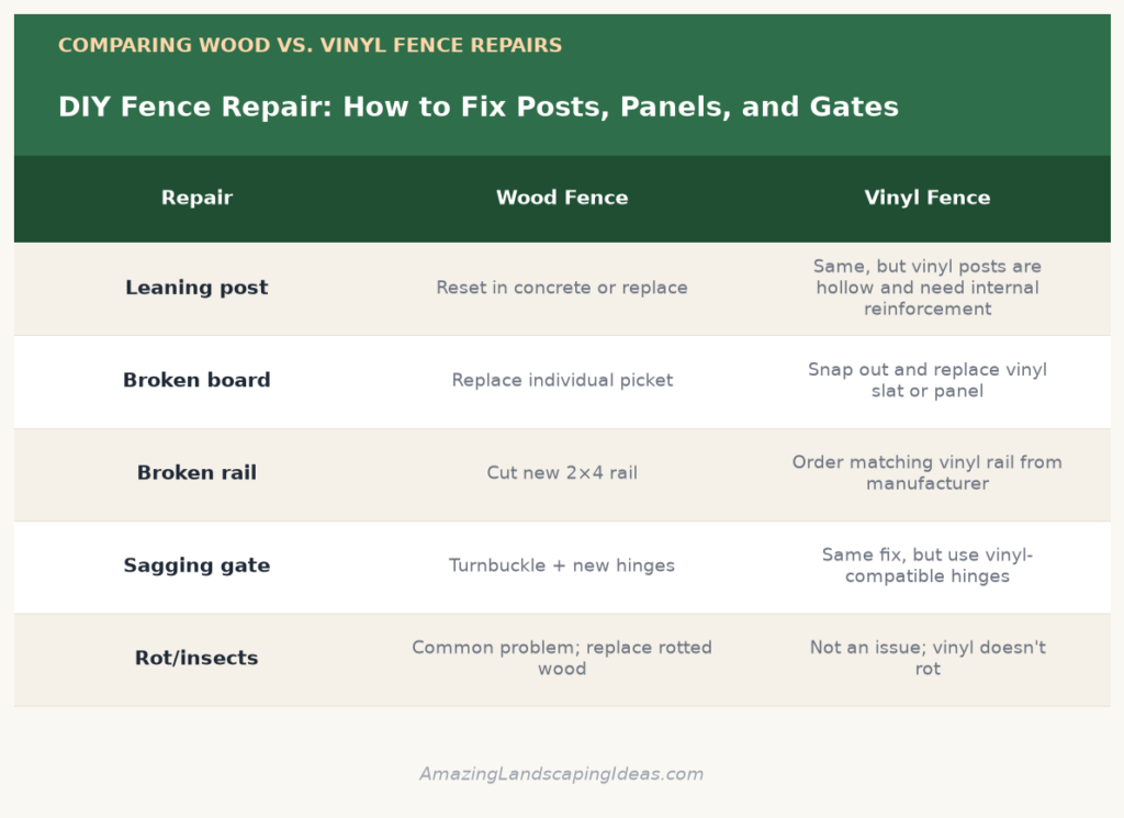 DIY fence repair infographic comparing wood vs vinyl fence repairs for leaning posts, broken boards, rails, gates, and rot