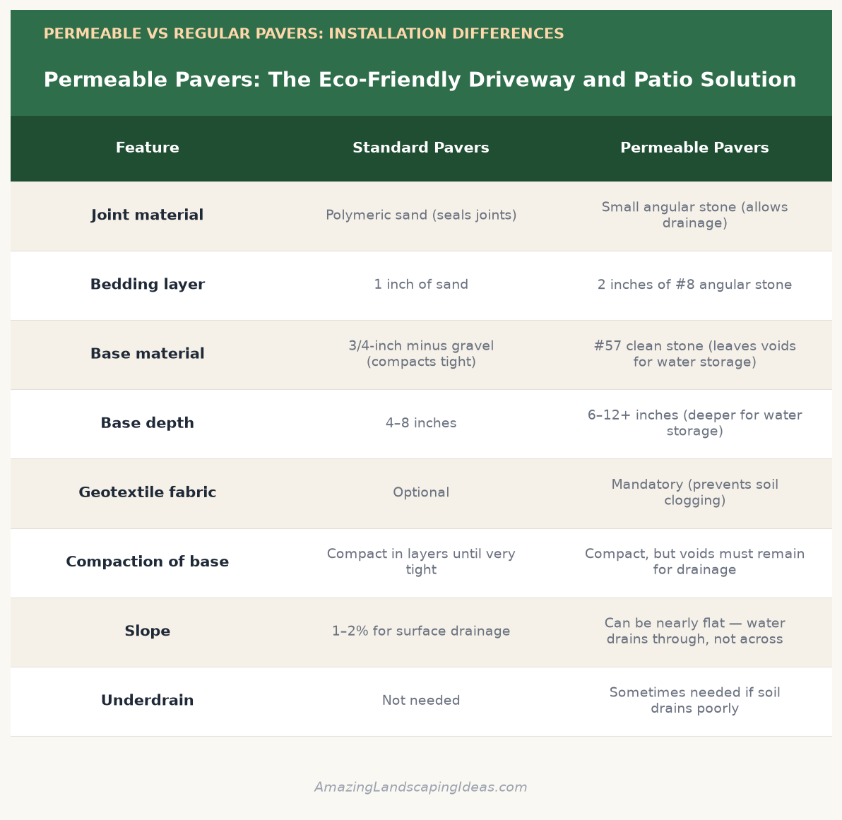 Permeable pavers vs regular pavers installation differences comparison chart