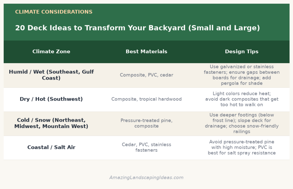 Deck ideas climate considerations infographic for humid, dry, cold, and coastal regions