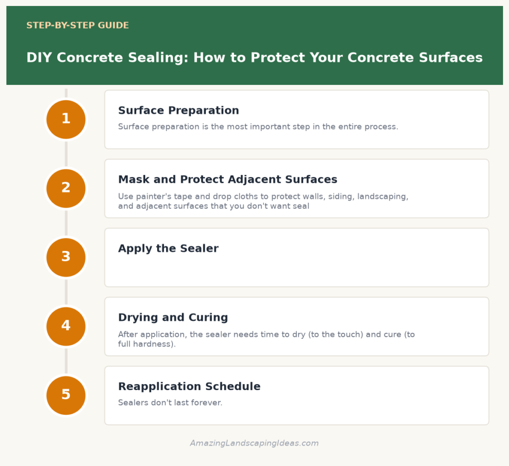 Step-by-step infographic showing how to DIY seal concrete surfaces to protect your driveway, patio, and garage floor