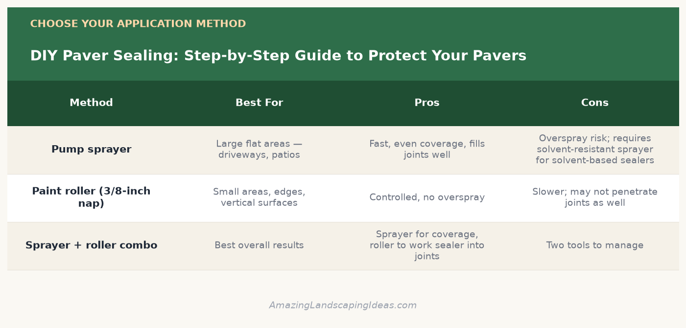 Infographic comparing paver sealer application methods: pump sprayer, paint roller, and sprayer plus roller combo