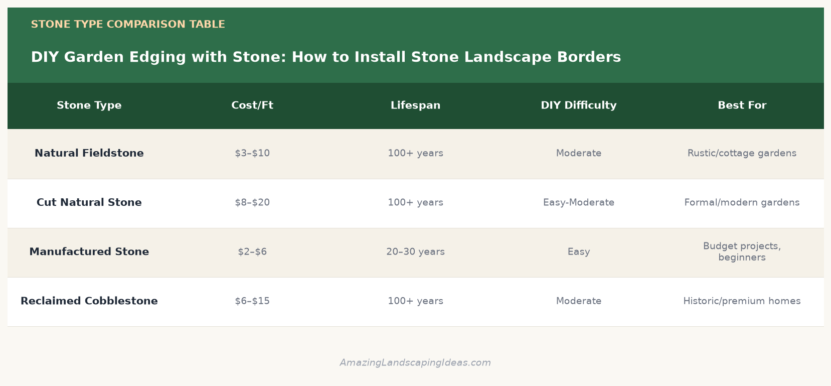 Stone garden edging type comparison table showing cost, lifespan, and DIY difficulty