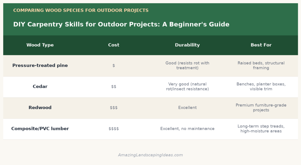 Comparison table of wood species for outdoor carpentry projects by cost, durability, and best use