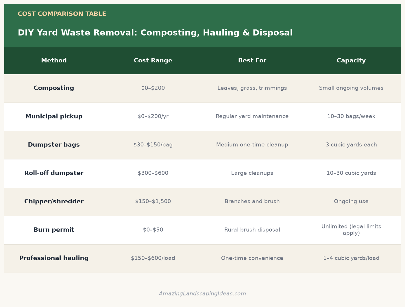 Yard waste removal cost comparison table showing composting, hauling, and disposal methods