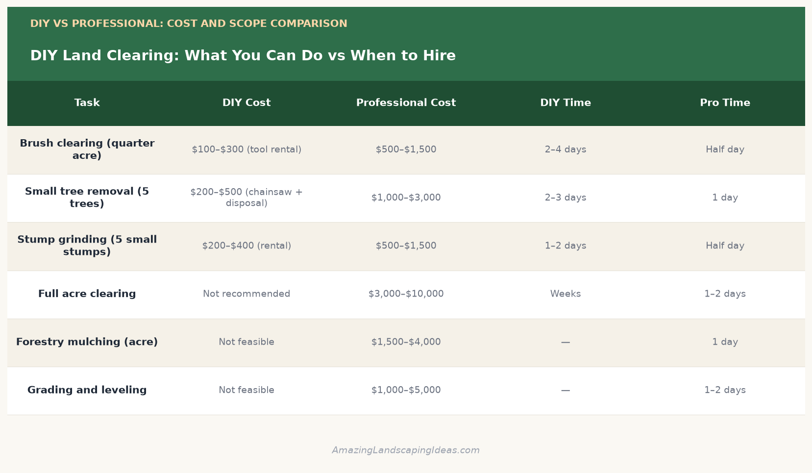Comparison infographic of DIY vs professional land clearing costs, scope, and time for brush, tree removal, stump grinding, and acreage