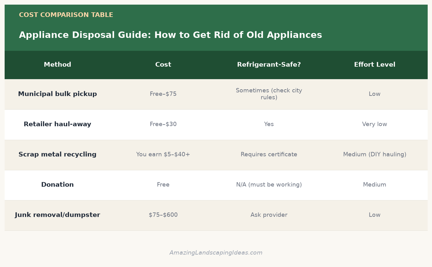 Appliance disposal cost comparison table infographic showing methods, cost, refrigerant safety, and effort level