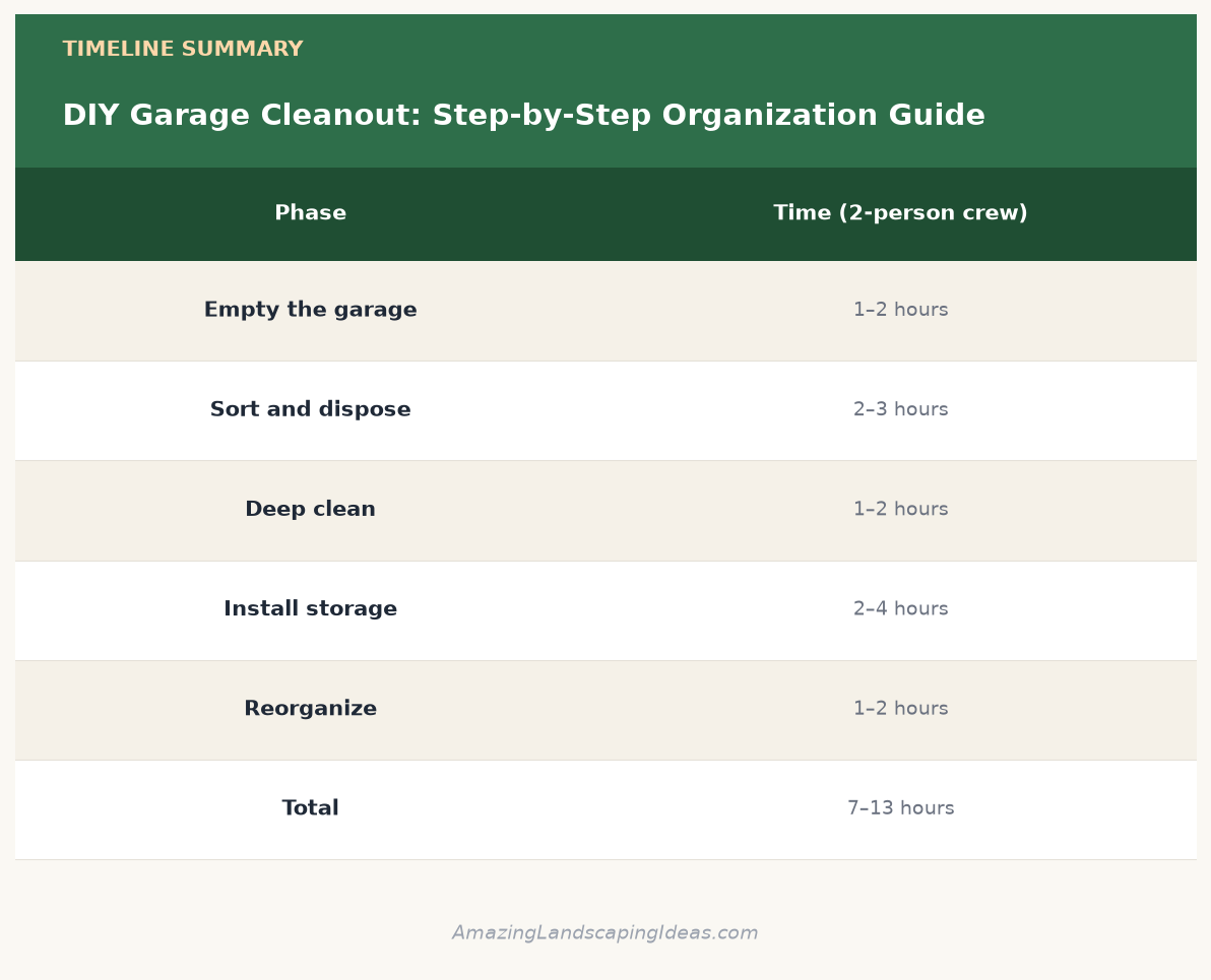 Garage cleanout timeline summary infographic comparing time for empty, sort, deep clean, install storage, and reorganize phases totaling 7 to 13 hours