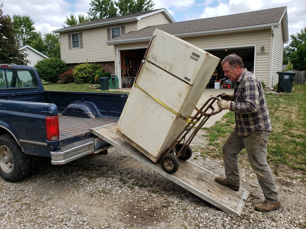 Homeowner using a hand truck to load an old refrigerator into a pickup truck for DIY appliance disposal