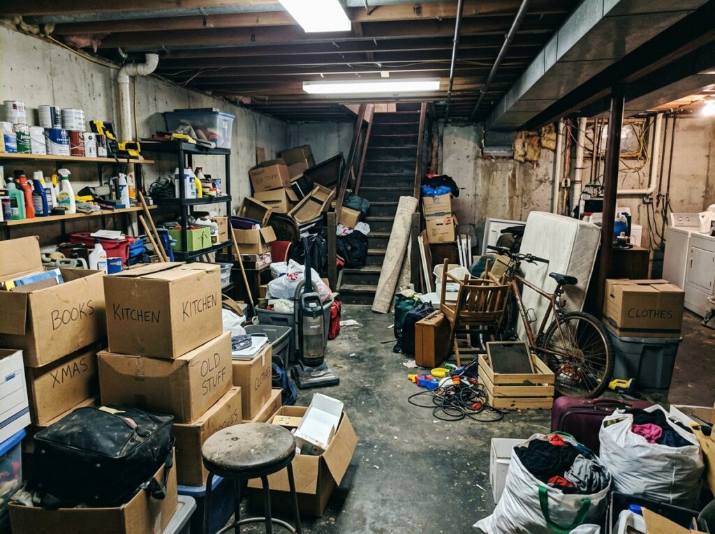 Cluttered basement before a basement cleanout project
