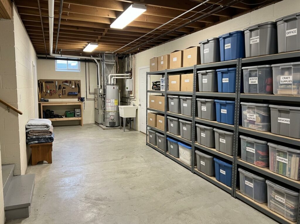Clean organized basement after a successful basement cleanout