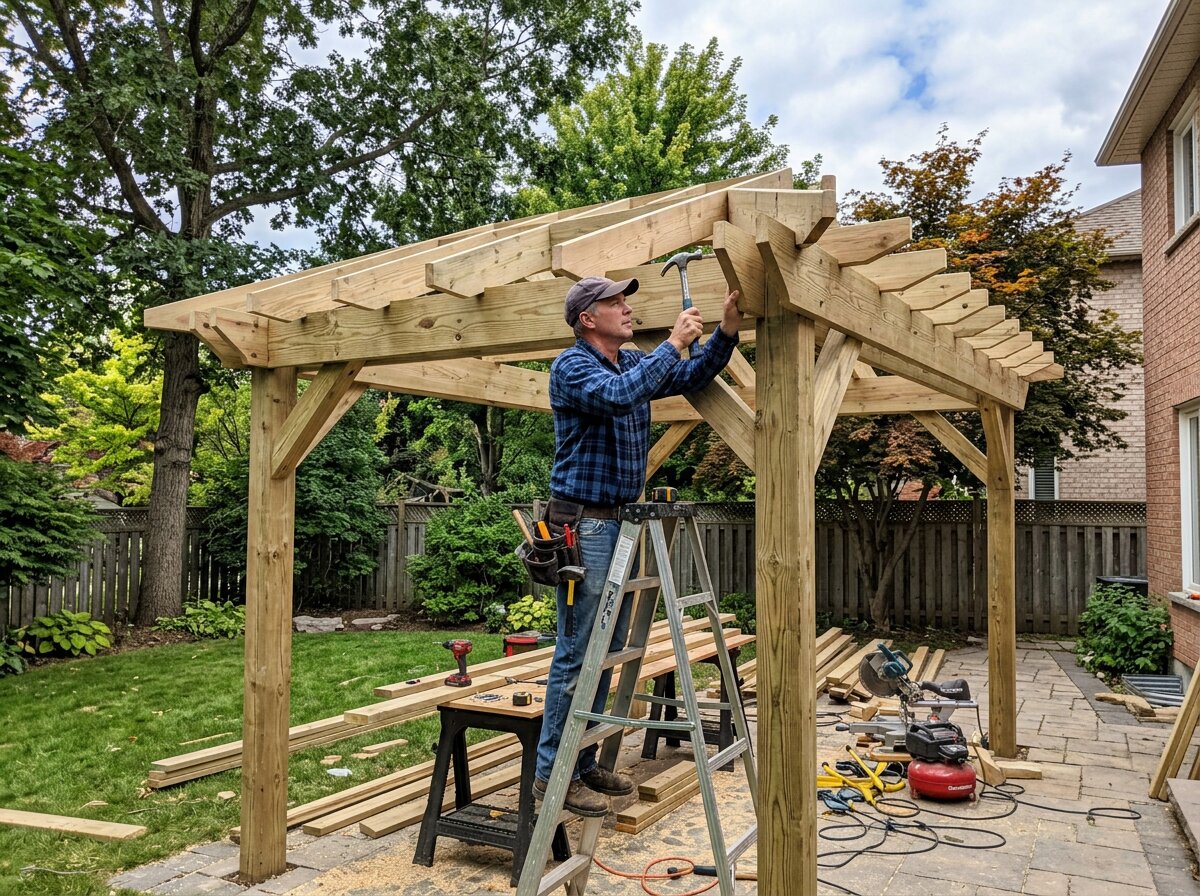 Professional carpenter installing large pergola beams with temporary bracing