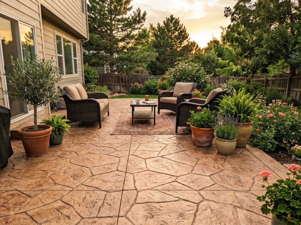 Stamped and stained concrete patio ideas with outdoor furniture and landscaping