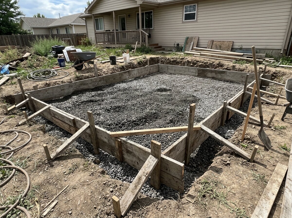 Excavated concrete slab area with compacted gravel base and wooden forms ready for a DIY concrete installation pour