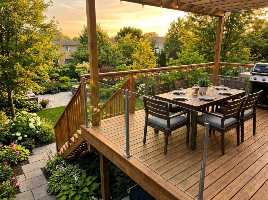 Large deck idea with a raised outdoor dining area and seating for entertaining