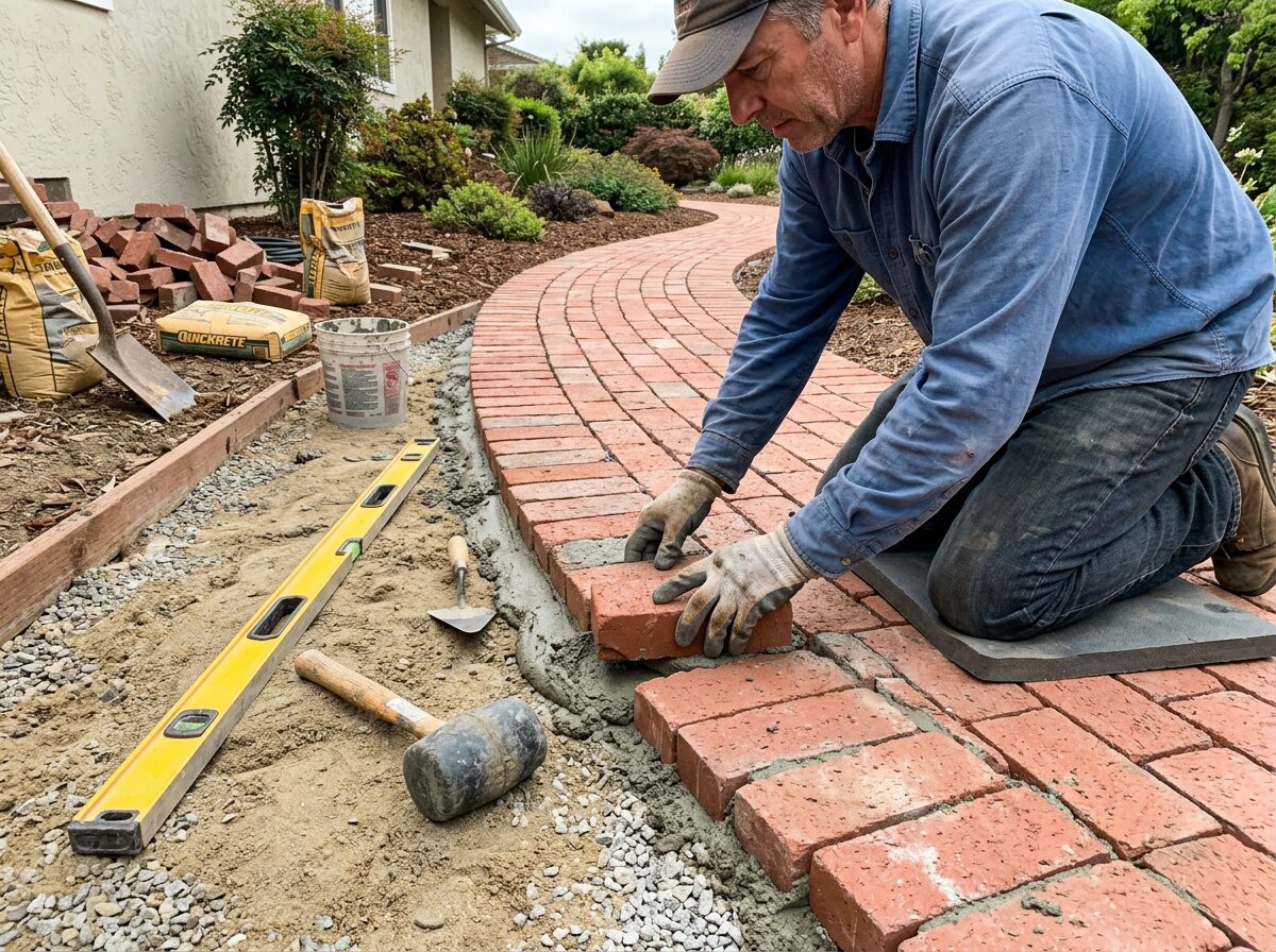 Laying brick pavers in a running bond pattern on bedding sand
