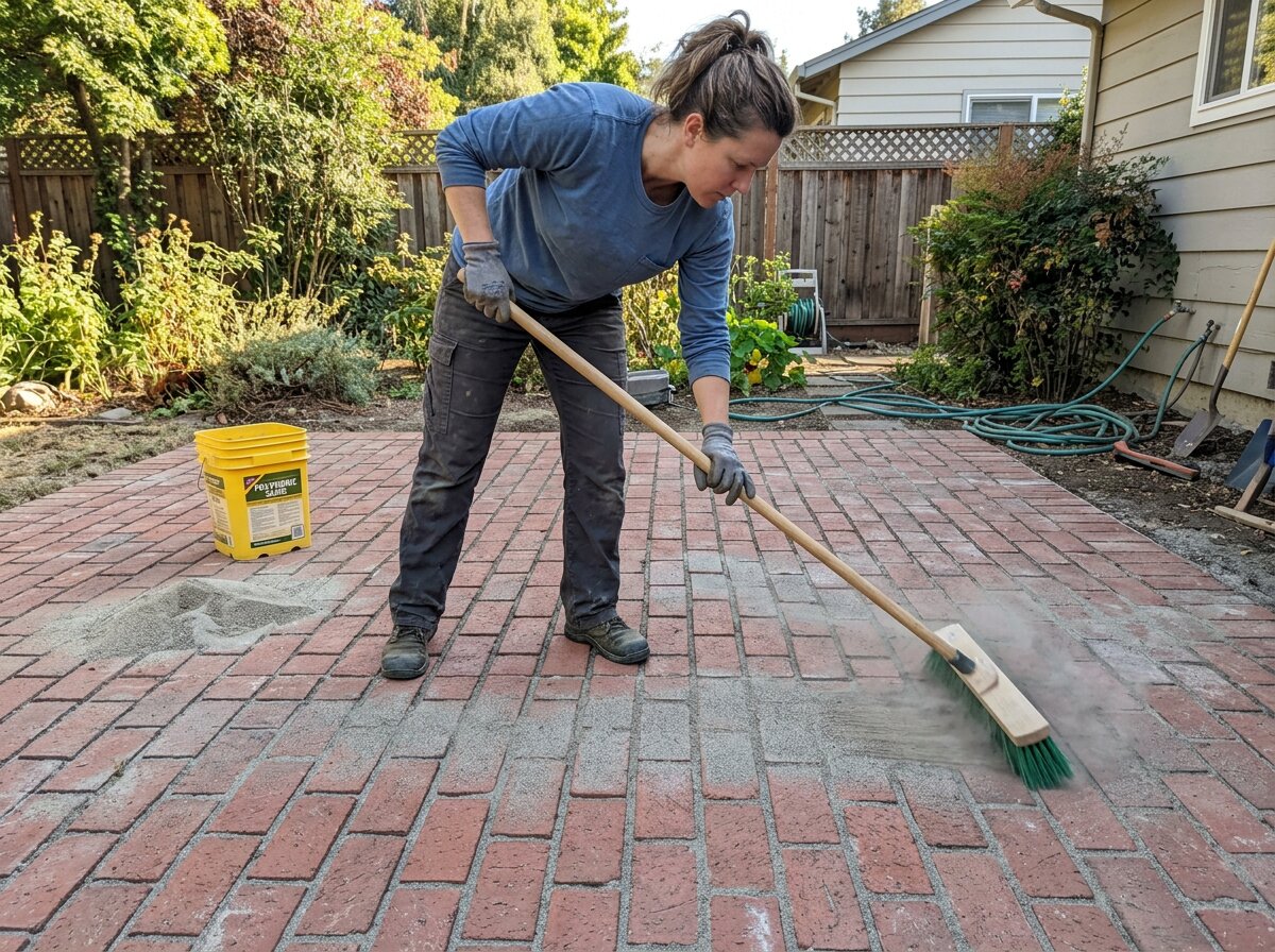 Sweeping polymeric sand into brick paver joints with a broom