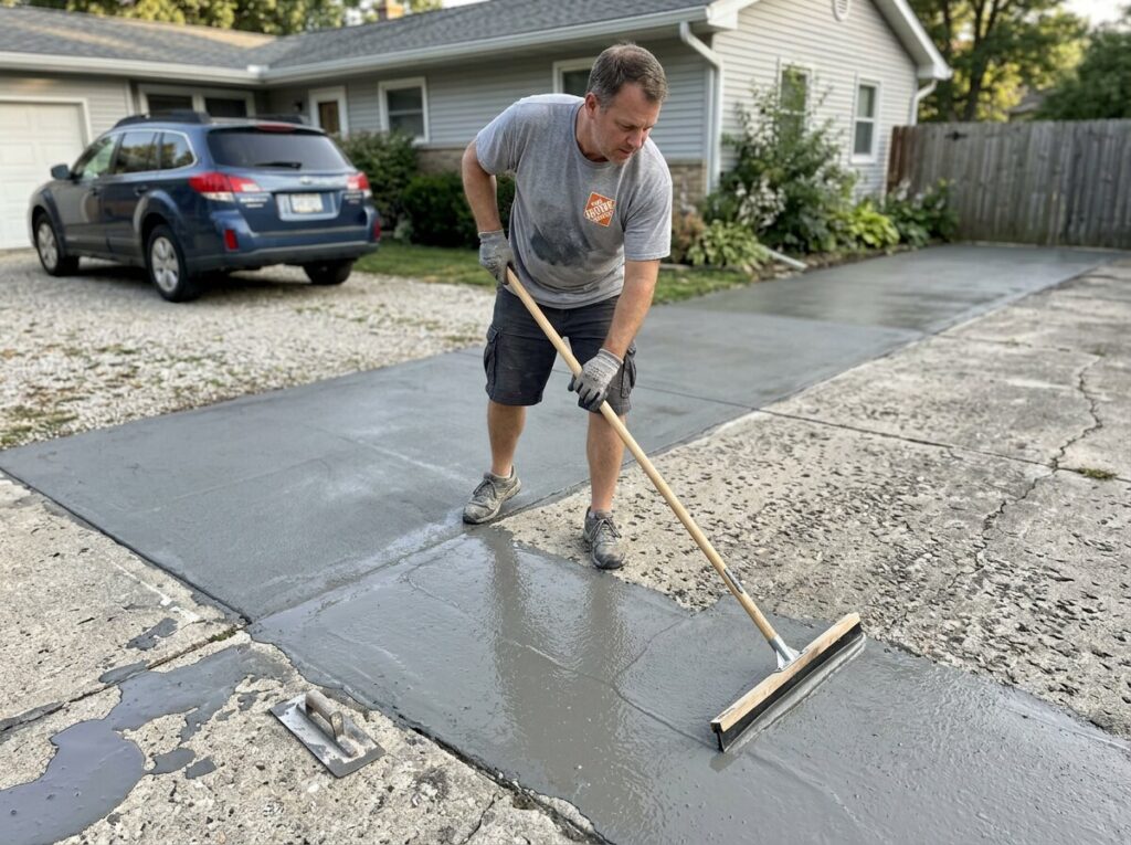 Applying concrete resurfacer with a long-handle squeegee to spread a thin, even layer
