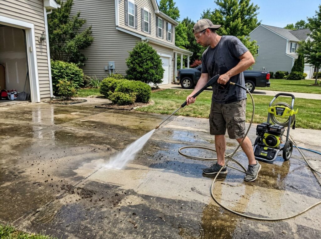 Pressure washing an old concrete driveway to prep the surface for concrete resurfacing