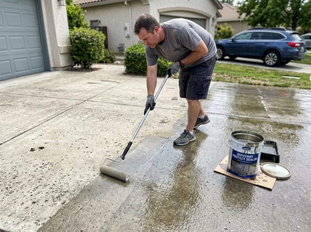 Homeowner applying concrete sealer to a driveway with a roller in even, overlapping passes