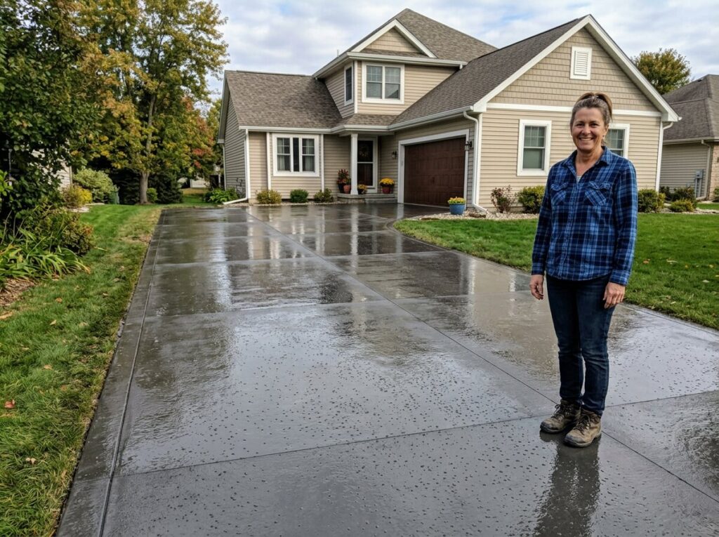 Finished concrete driveway with a glossy sealed finish showing protected, like-new results