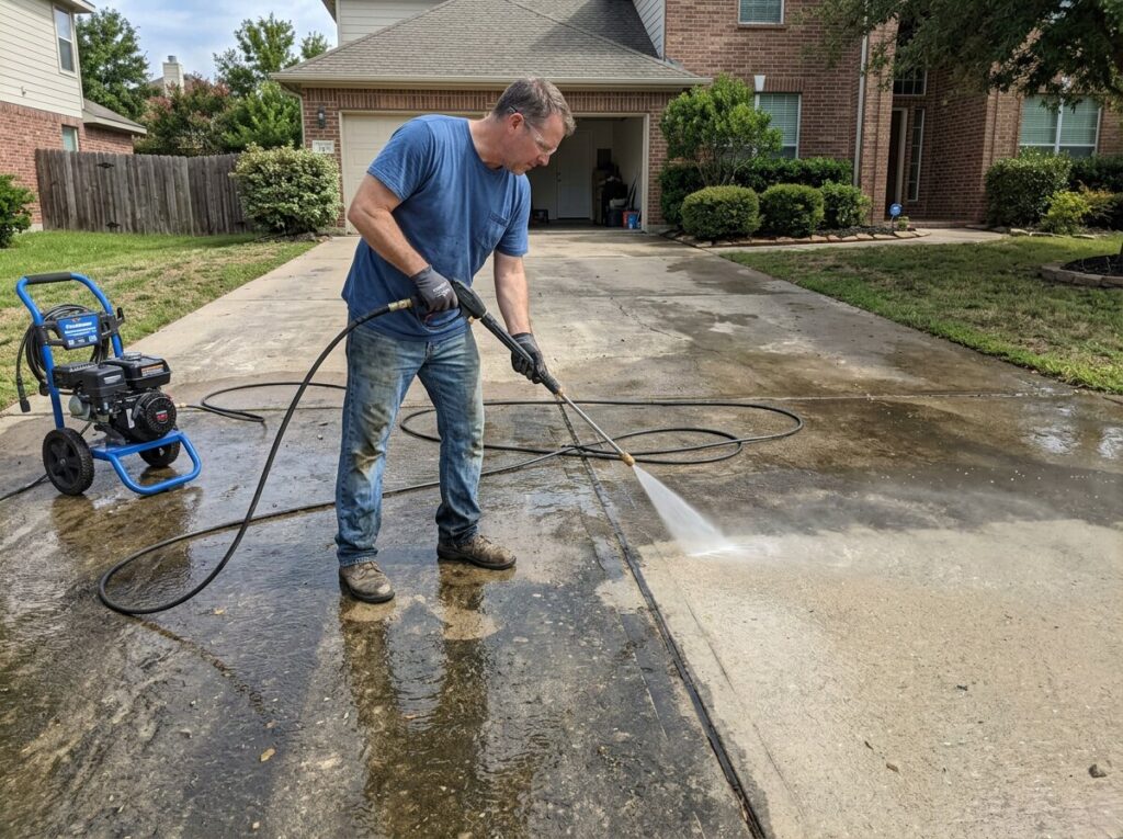 Homeowner pressure washing a concrete driveway to clean and prep the surface before applying sealer