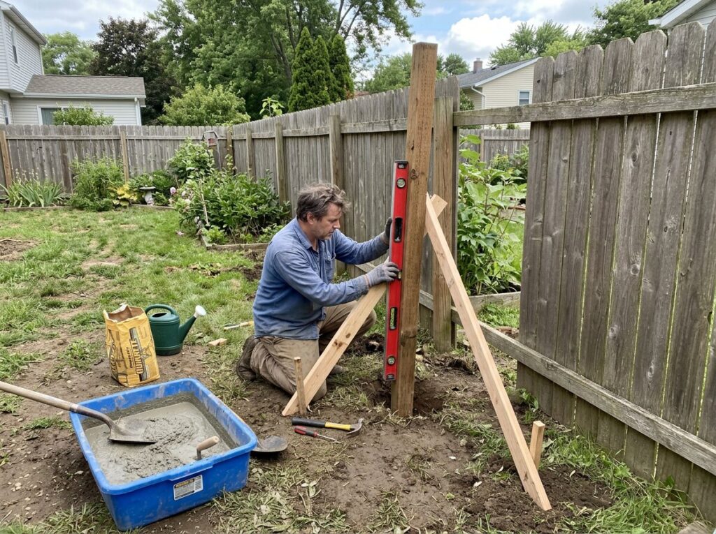 DIY fence repair bracing a fence post straight with lumber while fresh concrete sets in the hole