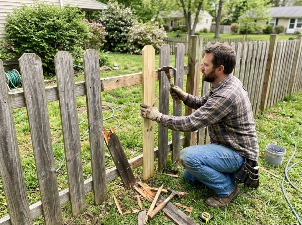 DIY fence repair attaching new cedar pickets to existing fence rails after removing broken boards