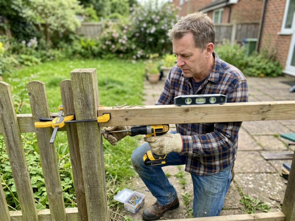 DIY fence repair fixing a sagging gate with new heavy-duty hinges and a turnbuckle brace