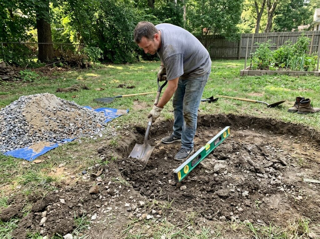 Excavated fire pit base with compacted crushed gravel, leveled and ready for pavers