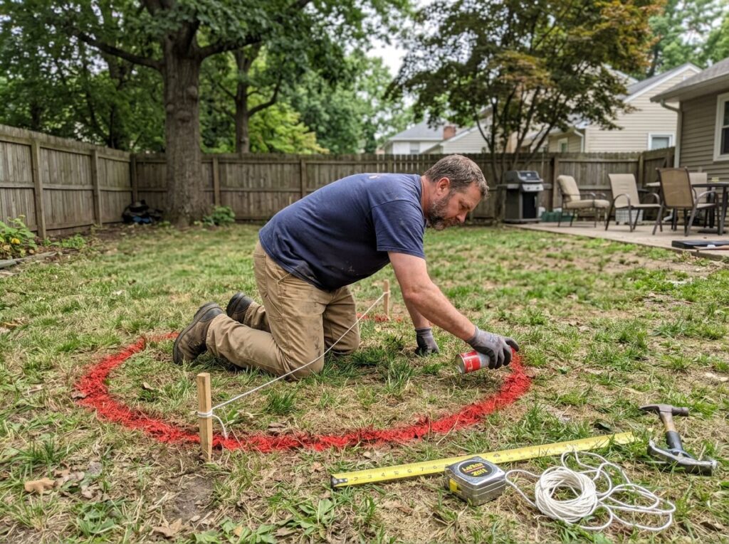 Marking the fire pit layout circle with a center stake and string