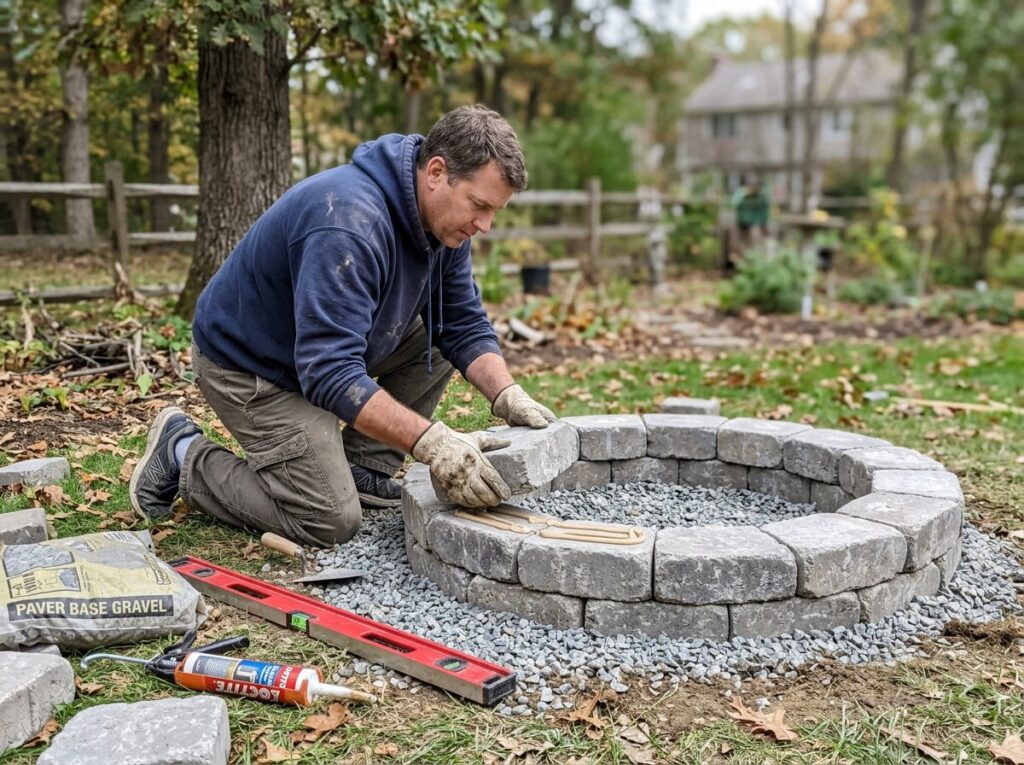 Stacking trapezoidal fire pit pavers in a staggered running bond pattern