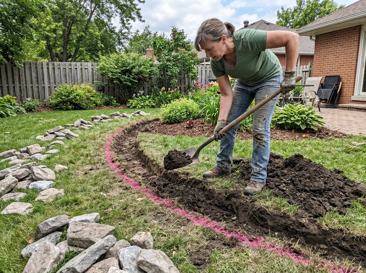 Digging a trench for stone garden edging along a marked flower bed line