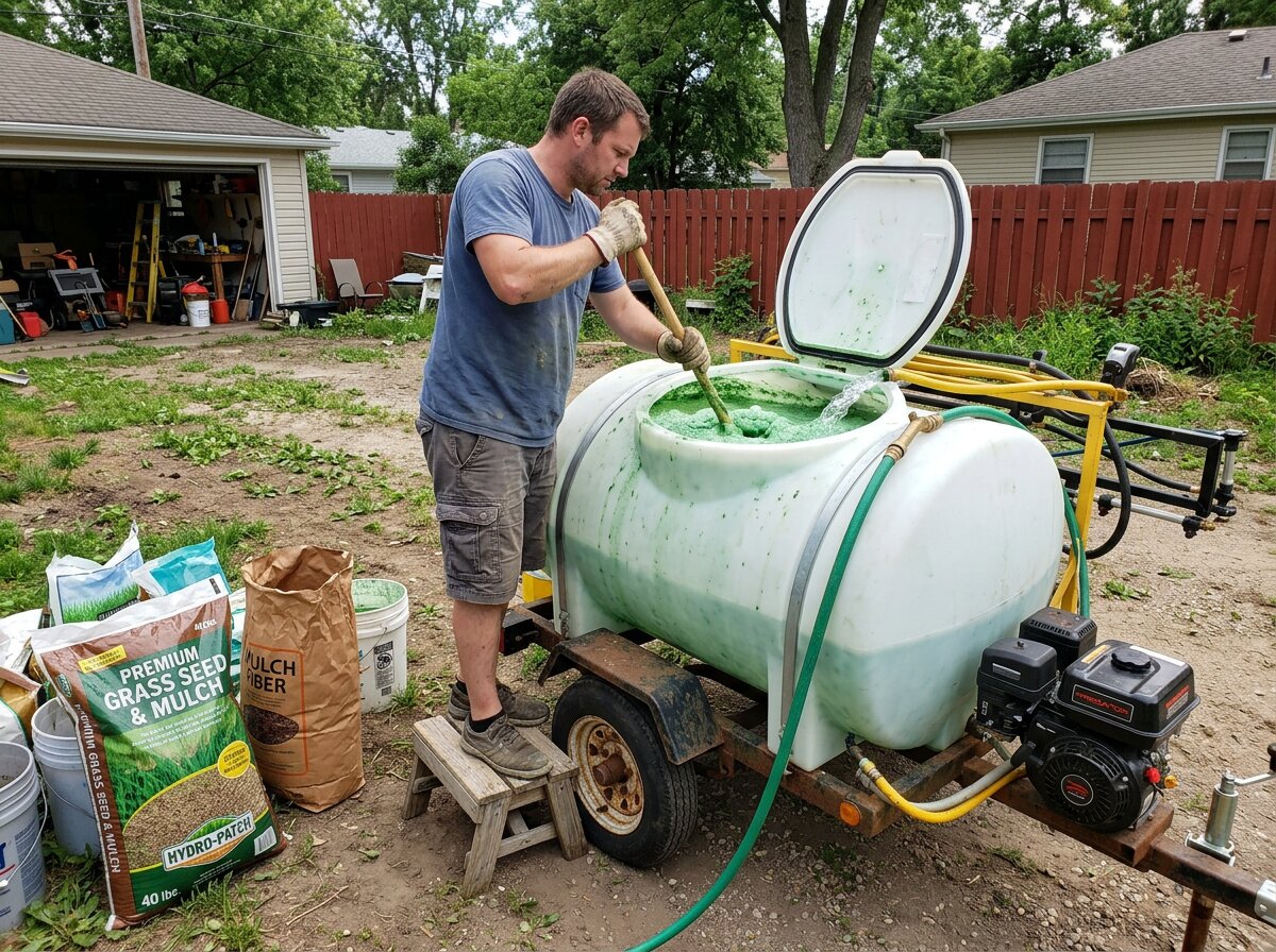 Mixing the hydroseeding slurry in a tank sprayer with seed, mulch and fertilizer