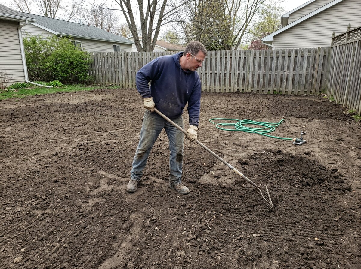 DIY hydroseeding soil preparation — raking and leveling tilled topsoil