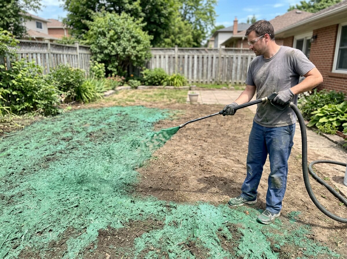 Spraying green hydroseeding slurry onto prepared soil in even overlapping passes