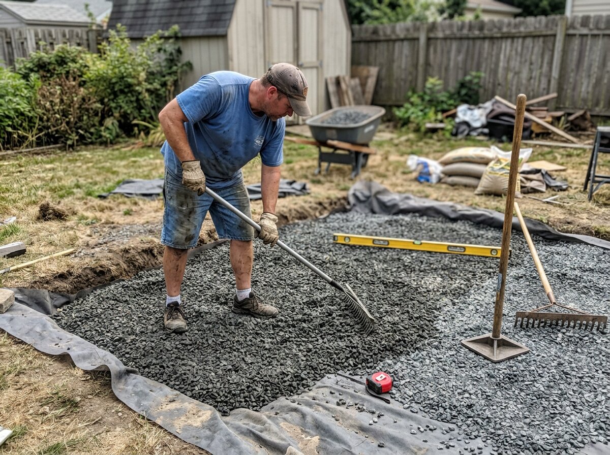 A DIYer raking and leveling the crushed gravel base layer for a paver patio over landscape fabric