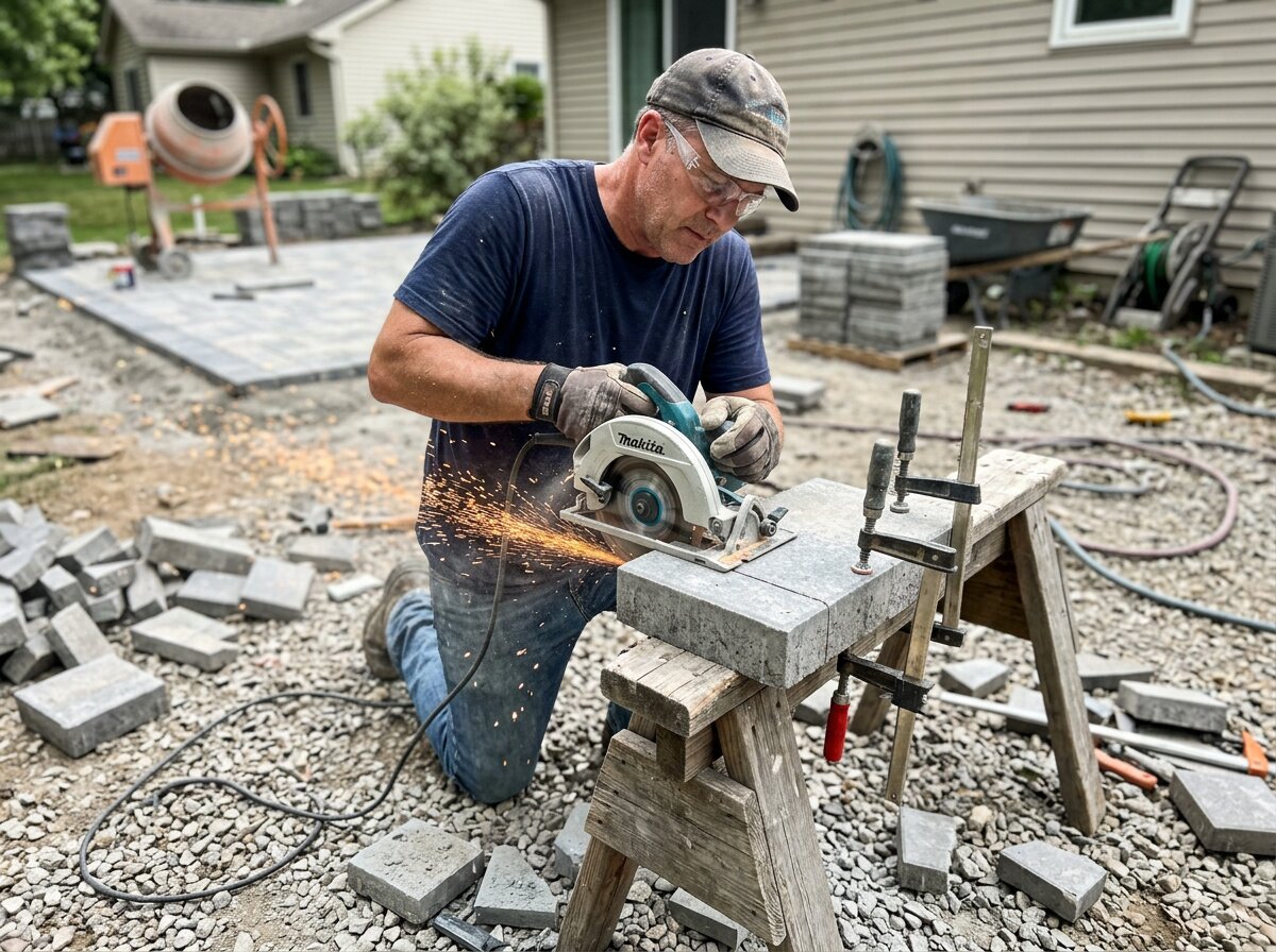 A DIYer cutting a concrete paver with a diamond-blade saw while wearing safety glasses during a paver patio installation