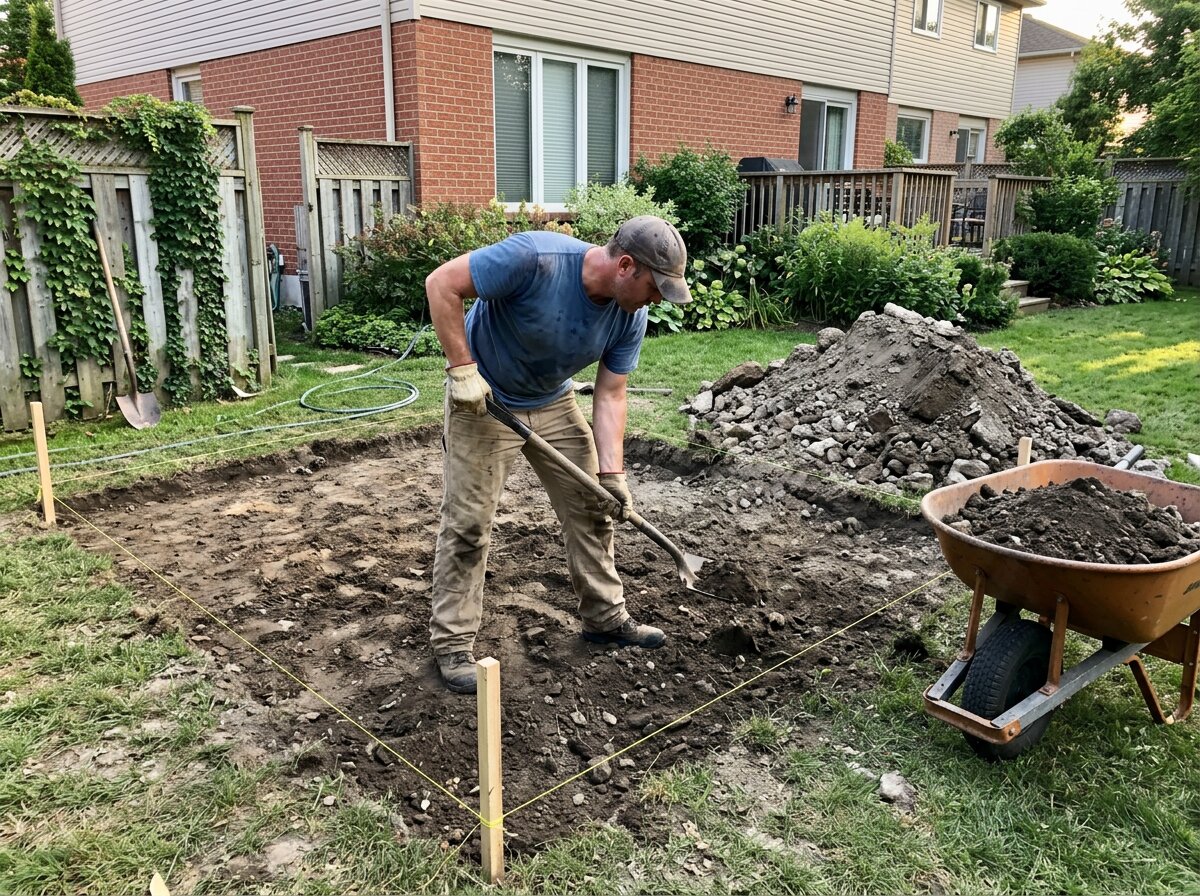 A DIYer excavating a backyard paver patio area with a shovel, showing string-line layout and bare subsoil