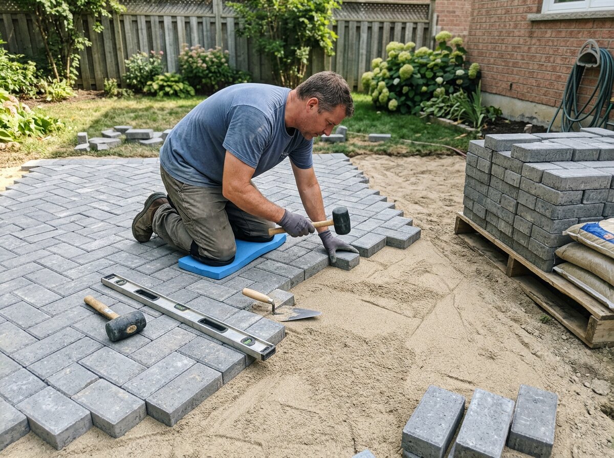A DIYer laying concrete pavers in a herringbone pattern onto a screeded sand base with a rubber mallet and level