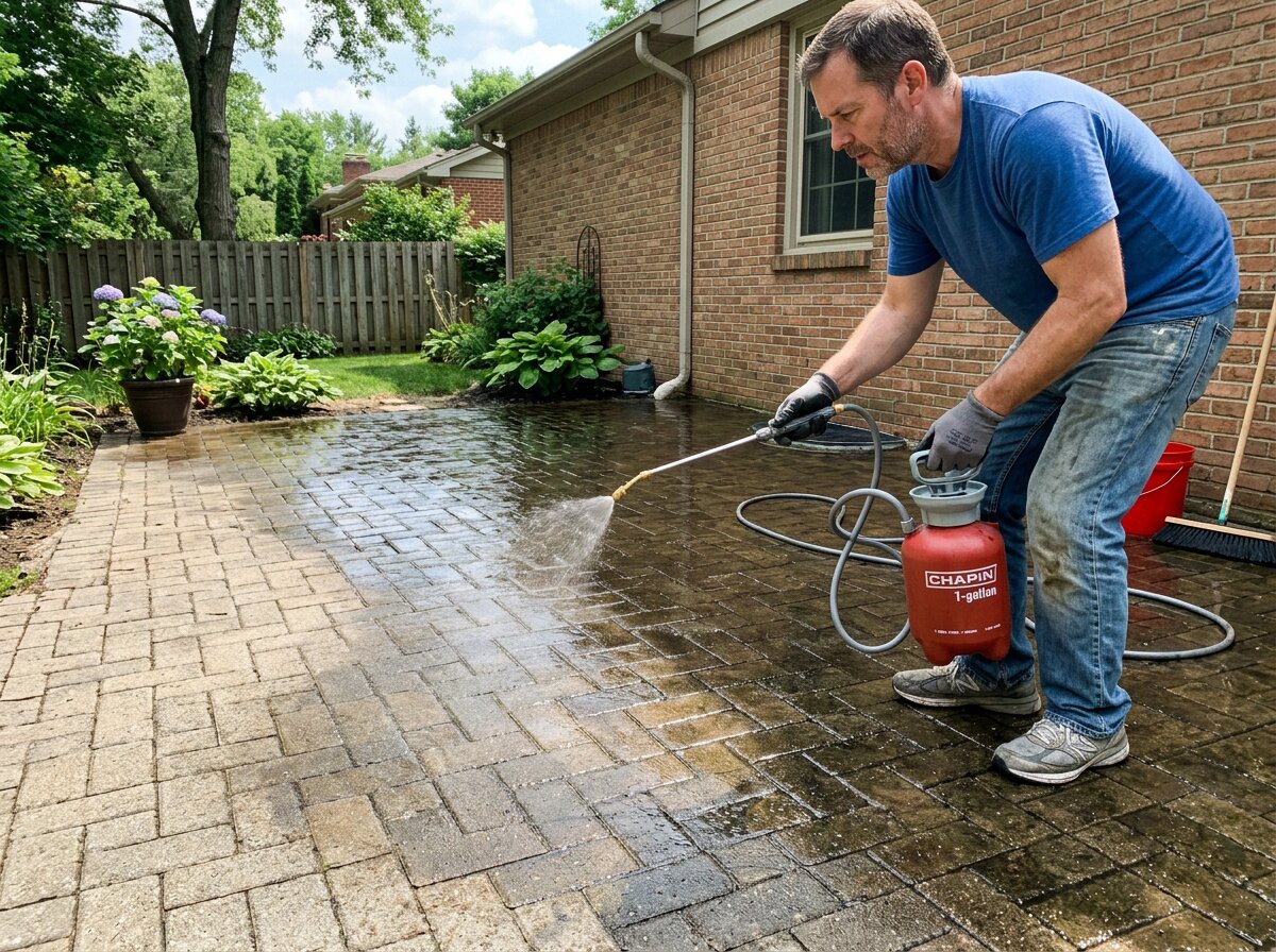 Homeowner applying paver sealer to a patio with a pump sprayer in even, overlapping passes