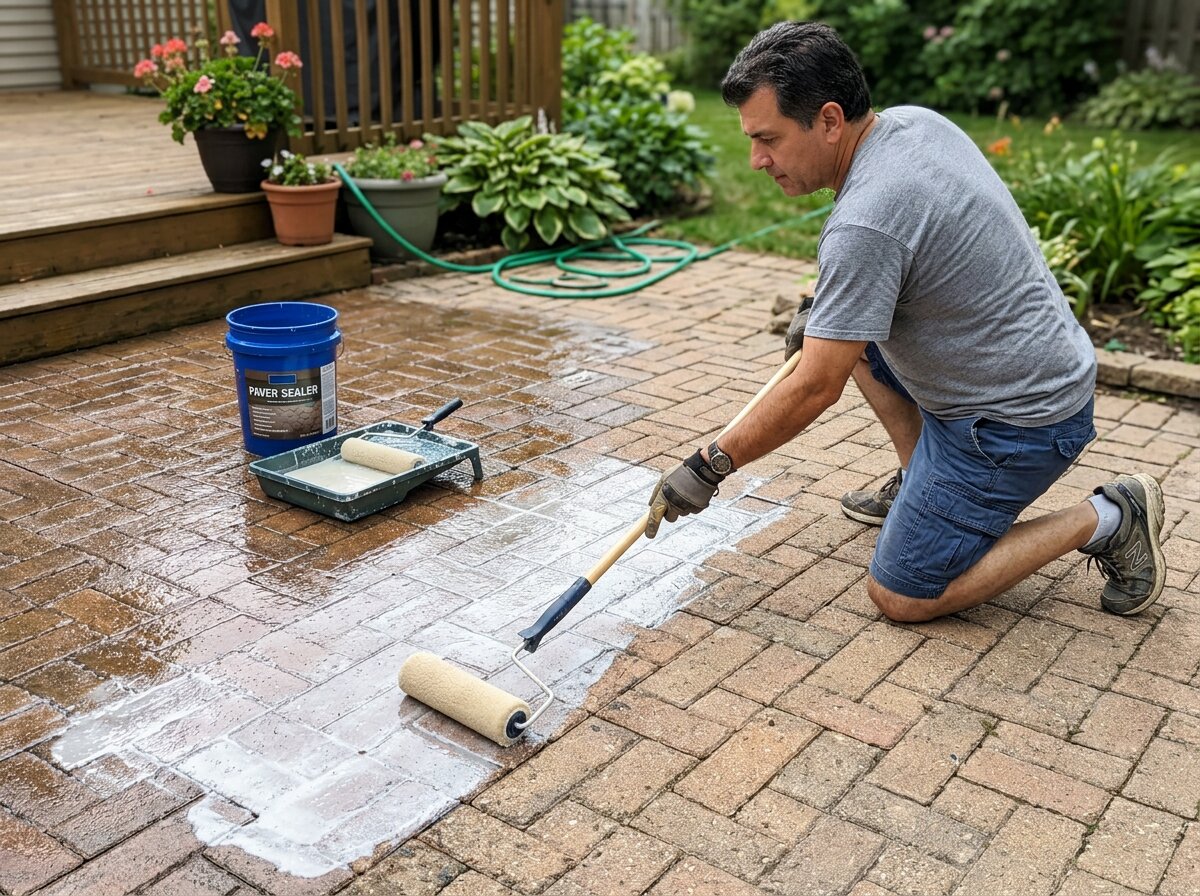 Homeowner using a roller to work paver sealer into the surface and edges of a walkway