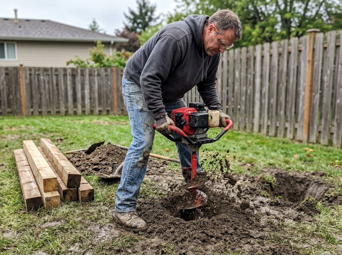 Man using a gas auger to dig a privacy fence post hole in a backyard