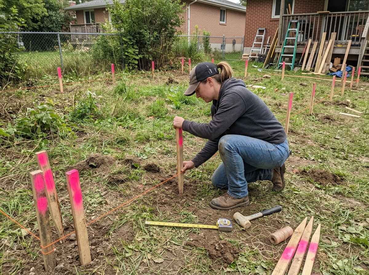 DIY privacy fence layout with mason string line and stakes marking post locations