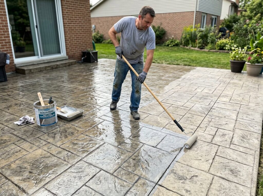 Applying concrete sealer with a roller to protect a finished DIY stamped concrete patio